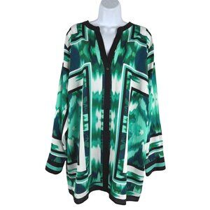 Calvin Klein Tunic Chiffon Shirt‎ Top 2X Green White Black Printed NWT TP-3770
